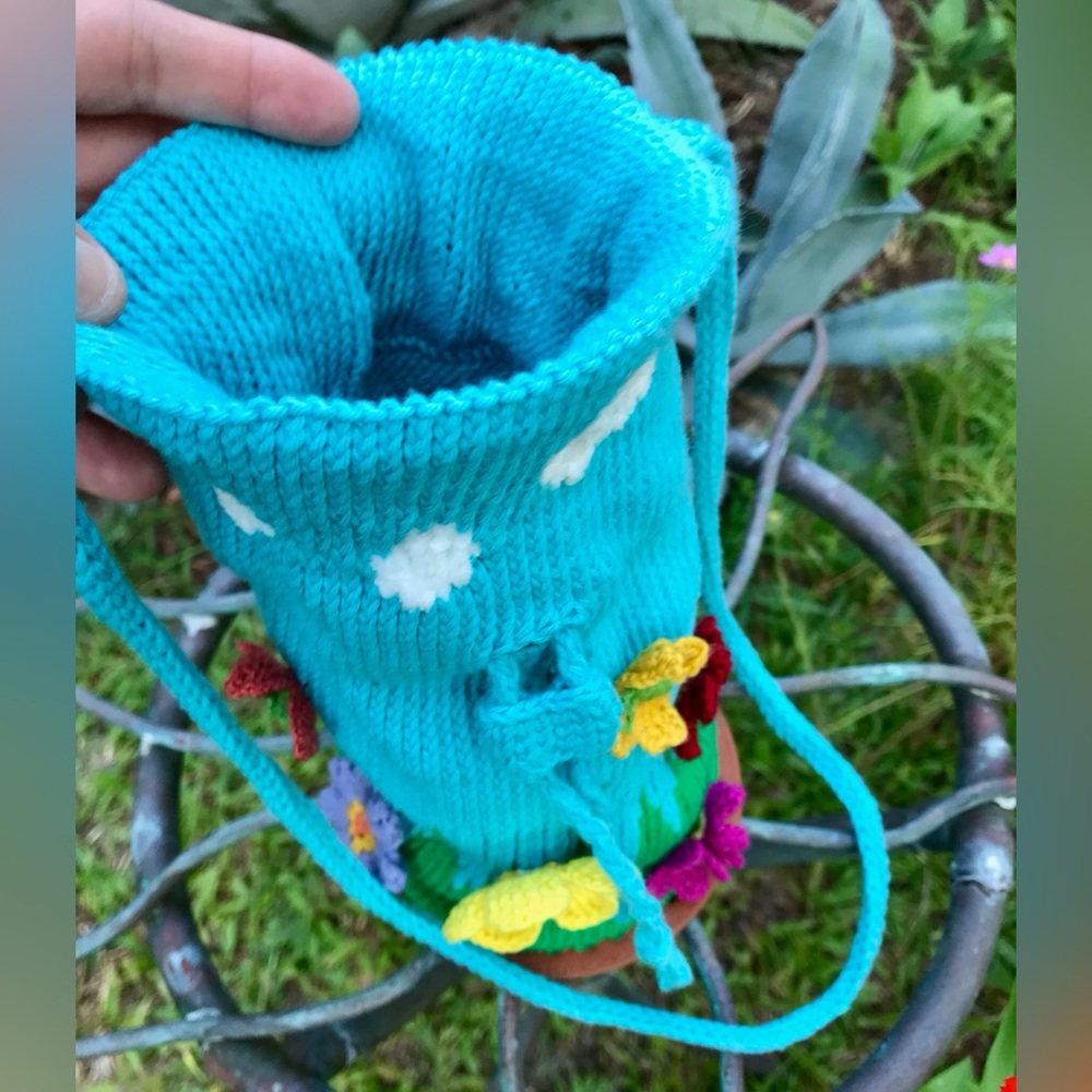 Handmade Knit & Crochet Nice Day Round Small Floral Butterfly Crossbody Bag - Picture 13 of 16